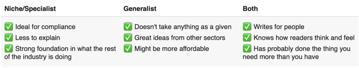 Table comparing freelance copywriters — niche vs generalist — with shared strengths highlighted.